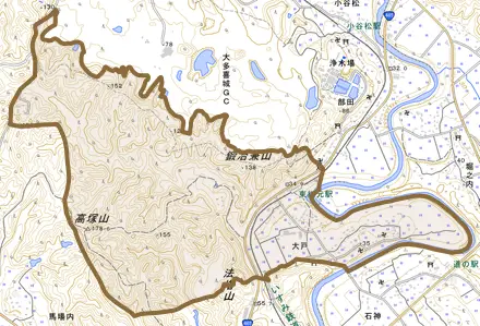 大戸とその周辺の地図。町の範囲を重ねている