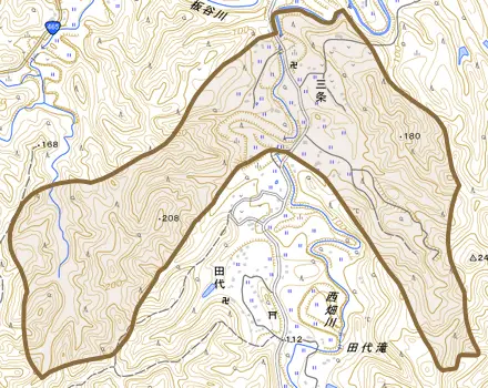 三条とその周辺の地図。町の範囲を重ねている