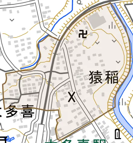 猿稲とその周辺の地図。町の範囲を重ねている