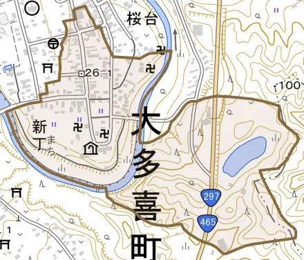 新丁とその周辺の地図。町の範囲を重ねている