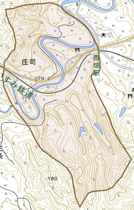 庄司とその周辺の地図。町の範囲を重ねている
