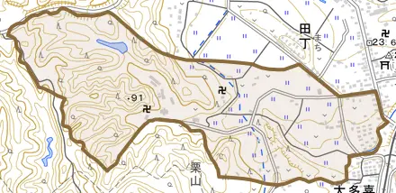 田丁とその周辺の地図。町の範囲を重ねている