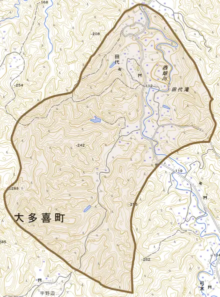 田代とその周辺の地図。町の範囲を重ねている