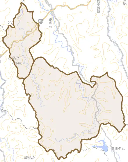 筒森とその周辺の地図。町の範囲を重ねている