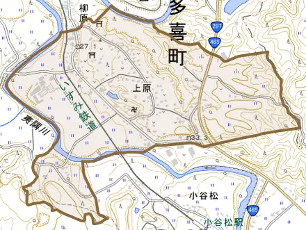 上原とその周辺の地図。町の範囲を重ねている