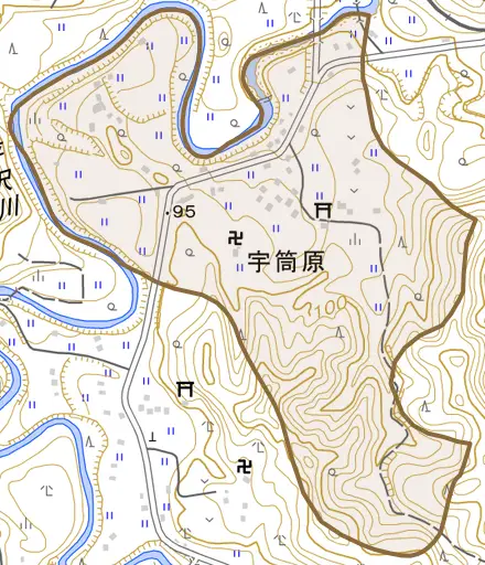 宇筒原とその周辺の地図。町の範囲を重ねている