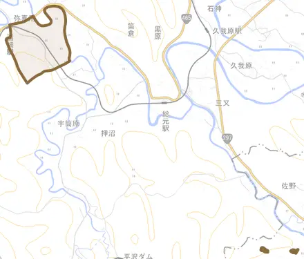 弥喜用とその周辺の地図。町の範囲を重ねている