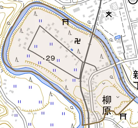 柳原とその周辺の地図。町の範囲を重ねている