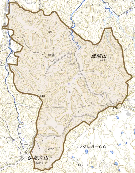 横山とその周辺の地図。町の範囲を重ねている