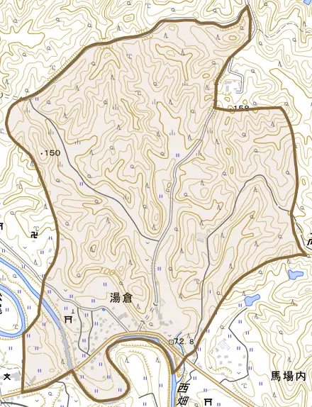 湯倉とその周辺の地図。町の範囲を重ねている