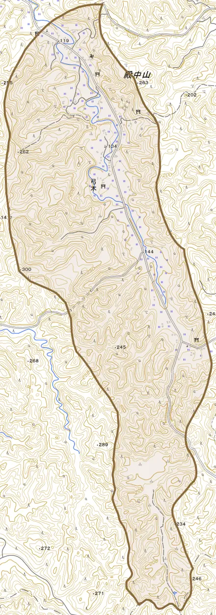 弓木とその周辺の地図。町の範囲を重ねている