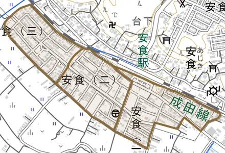 安食とその周辺の地図。町の範囲を重ねている