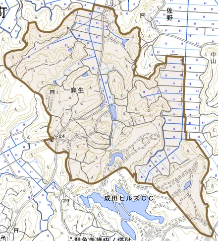 麻生とその周辺の地図。町の範囲を重ねている
