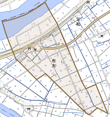 布太とその周辺の地図。町の範囲を重ねている