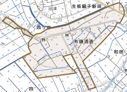 布鎌酒直とその周辺の地図。町の範囲を重ねている