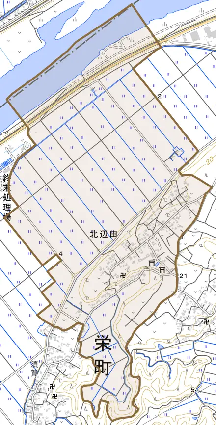 北辺田とその周辺の地図。町の範囲を重ねている