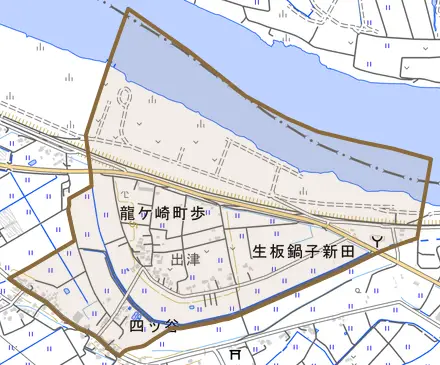生板鍋子新田とその周辺の地図。町の範囲を重ねている
