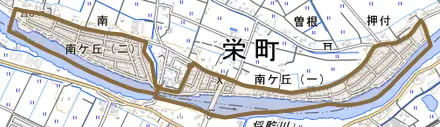 南ケ丘とその周辺の地図。町の範囲を重ねている