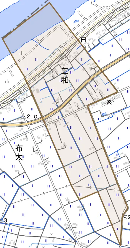 三和とその周辺の地図。町の範囲を重ねている