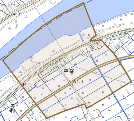 中谷とその周辺の地図。町の範囲を重ねている