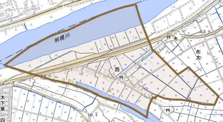 西とその周辺の地図。町の範囲を重ねている