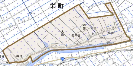 押付とその周辺の地図。町の範囲を重ねている