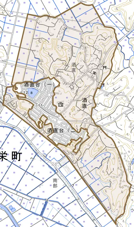 酒直とその周辺の地図。町の範囲を重ねている