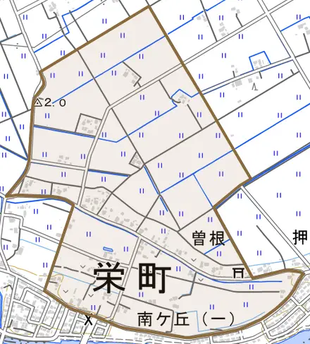 曽根とその周辺の地図。町の範囲を重ねている