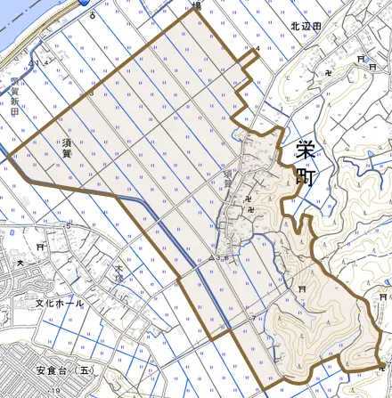 須賀とその周辺の地図。町の範囲を重ねている