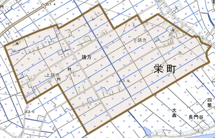 請方とその周辺の地図。町の範囲を重ねている