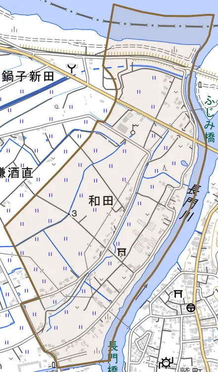 和田とその周辺の地図。町の範囲を重ねている