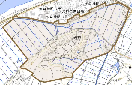 矢口とその周辺の地図。町の範囲を重ねている