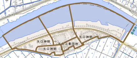 矢口神明とその周辺の地図。町の範囲を重ねている
