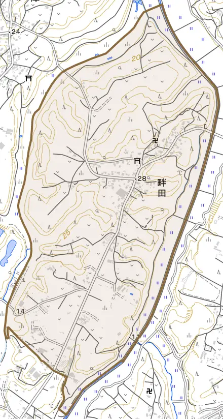 畔田とその周辺の地図。町の範囲を重ねている