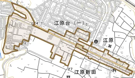 江原とその周辺の地図。町の範囲を重ねている