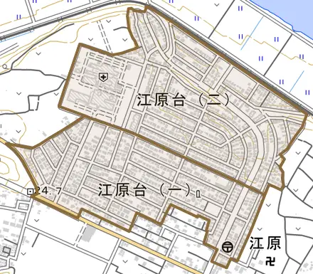 江原台とその周辺の地図。町の範囲を重ねている