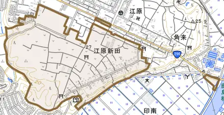 江原新田とその周辺の地図。町の範囲を重ねている