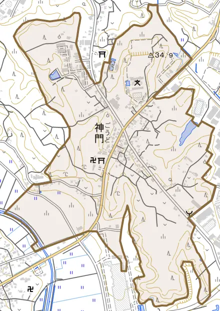 神門とその周辺の地図。町の範囲を重ねている