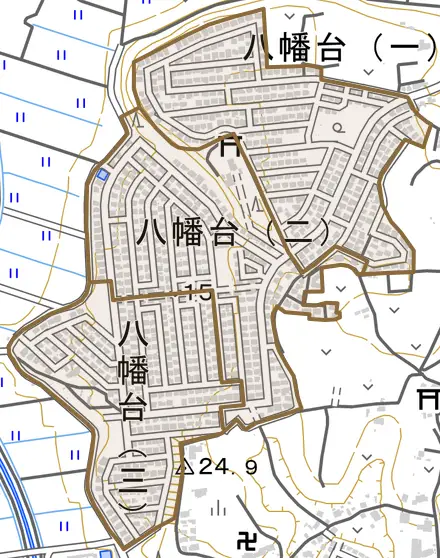 八幡台とその周辺の地図。町の範囲を重ねている