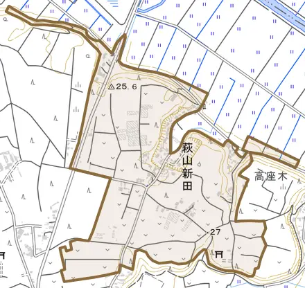 萩山新田とその周辺の地図。町の範囲を重ねている
