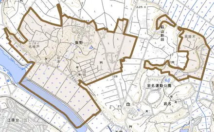 飯野とその周辺の地図。町の範囲を重ねている