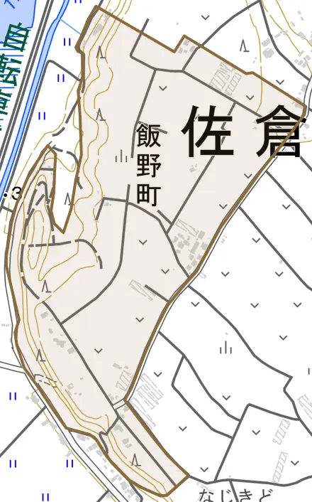 飯野町とその周辺の地図。町の範囲を重ねている