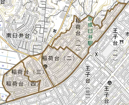 稲荷台とその周辺の地図。町の範囲を重ねている