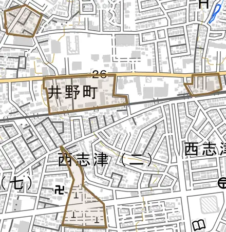 井野町とその周辺の地図。町の範囲を重ねている