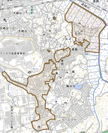 石川とその周辺の地図。町の範囲を重ねている