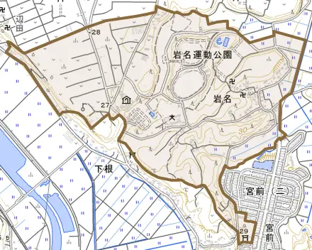 岩名とその周辺の地図。町の範囲を重ねている