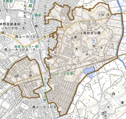 上座とその周辺の地図。町の範囲を重ねている