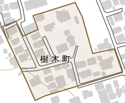 樹木町とその周辺の地図。町の範囲を重ねている