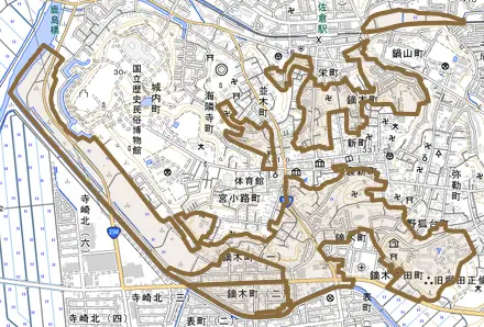 鏑木町とその周辺の地図。町の範囲を重ねている