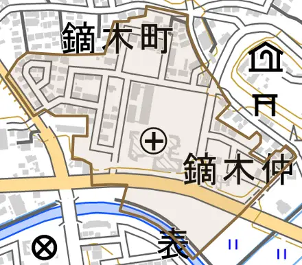 鏑木仲田町とその周辺の地図。町の範囲を重ねている